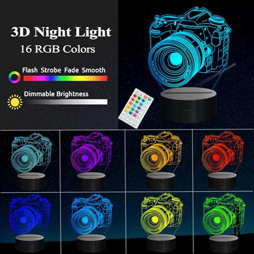 Image of Photographer Gifts for Men, Camera 3D Night Light with Remote Control, 16 Colors Changing, Timer, Dimmable, RGB Flashing Mode, Photography Gifts Gifts for Men Women Christmas Decor