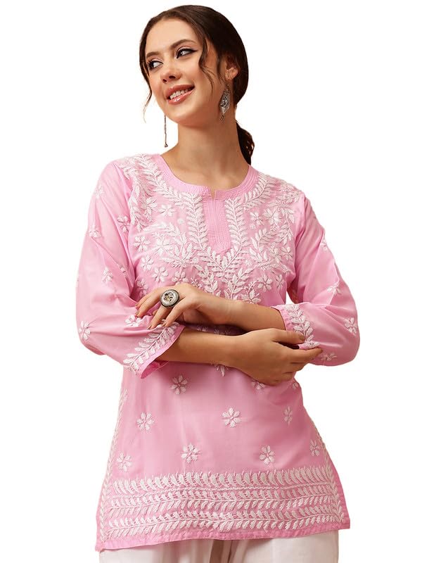 Image of Ada Women's Muslin Straight Fit Tunic Hand Embroidered Lucknowi Chikankari Straight Top Short Kurti A911420