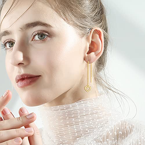 14K Solid Gold Diamond Heart Dangle Earrings For Women, Dainty 6Mm Gold Open Heart Ear Line Dangle Drop Earrings Jewelry Gift For Girls, Wife, Mom On Birthday, Anniversary #TOP1