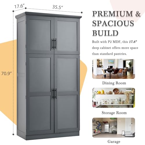 Image of Ball & Cast 71″Tall Kitchen Pantry Cabinet with 8 Pull Out Trays & 4 Doors,Versatile Farmhouse Wood Pantry Storage Cabinet w /2 Doors Shelves and Adjustable Shelves for Kitchen,Dining Room,Gray