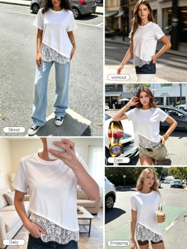 Womens Lace Patchwork Tops Short Sleeve Cotton T Shirts | Crew Neck, Going Out Cute Tops, Lace Hem Tee, Breathable Cotton Fabric, Relaxed Blouse for Daily, Weekend, Vacation — view 5