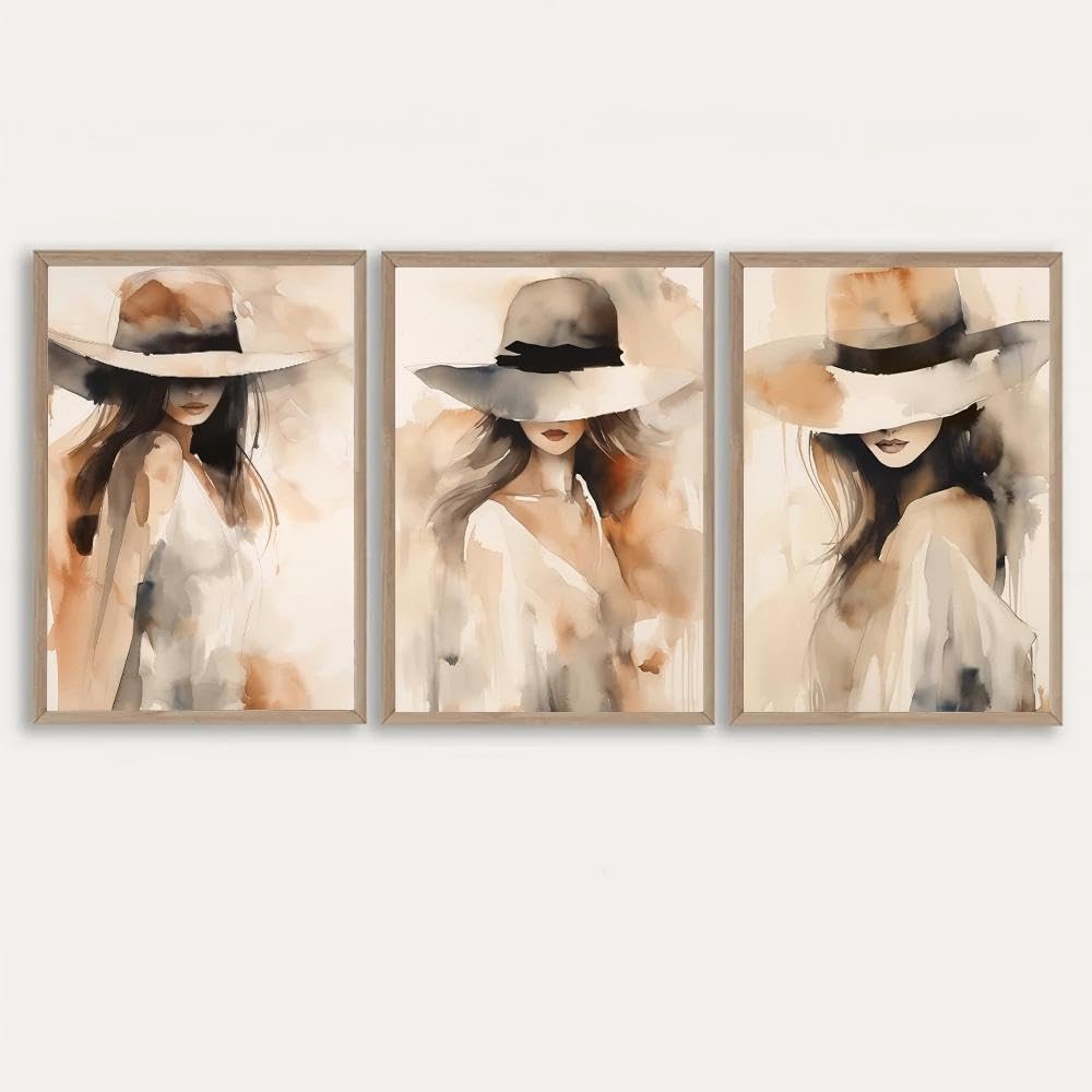 DHFGHFJ Póster en lienzo con retrato abstracto de mujer con sombrero y café negro de estilo nórdico(60x90cmX3/Con Bastidor)