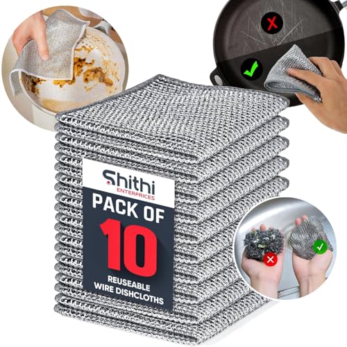 Image of SHITHI 13-Piece Cleaning Combo - 10 Reusable Stainless Steel Wire Dishcloths + 3 Tile & Gap Cleaning Brushes | Heavy-Duty Multipurpose Scrubber Set for Kitchen, Bathroom & Home Use