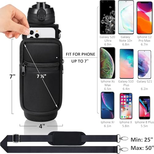 Image of Fimibuke 32 oz Water Bottle with Sleeve - BPA Free Leakproof Sport Large 1L Plastic Motivational Water Bottle with Straw & Strap & Insulated Neoprene Holder Carrier Bag for Women Men(A1.Black)
