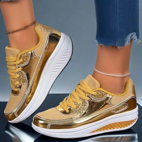 Sequin Sneakers for Women Platform Wedge Lace Up Orthopedic Shoes Comfortable Casual Flatform Arch Support Sneaker Womens Non Slip Walking Tennis Running Sport Workout Athletic Shoes3