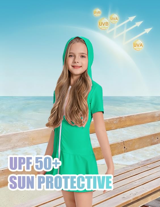 Image of Girls Sun Protective Swim Cover Up Hooded with Full-Length Zipper Short Sleeve UPF 50+ Beach Dress Coverup