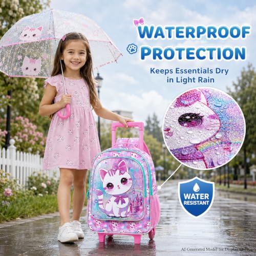 Image of CCJPX 3PCS Rolling Backpack for Girls,Kids Cat Backpacks with Roller Wheels, Wheeled Bookbag with Lunch Box for Toddler Elementary School