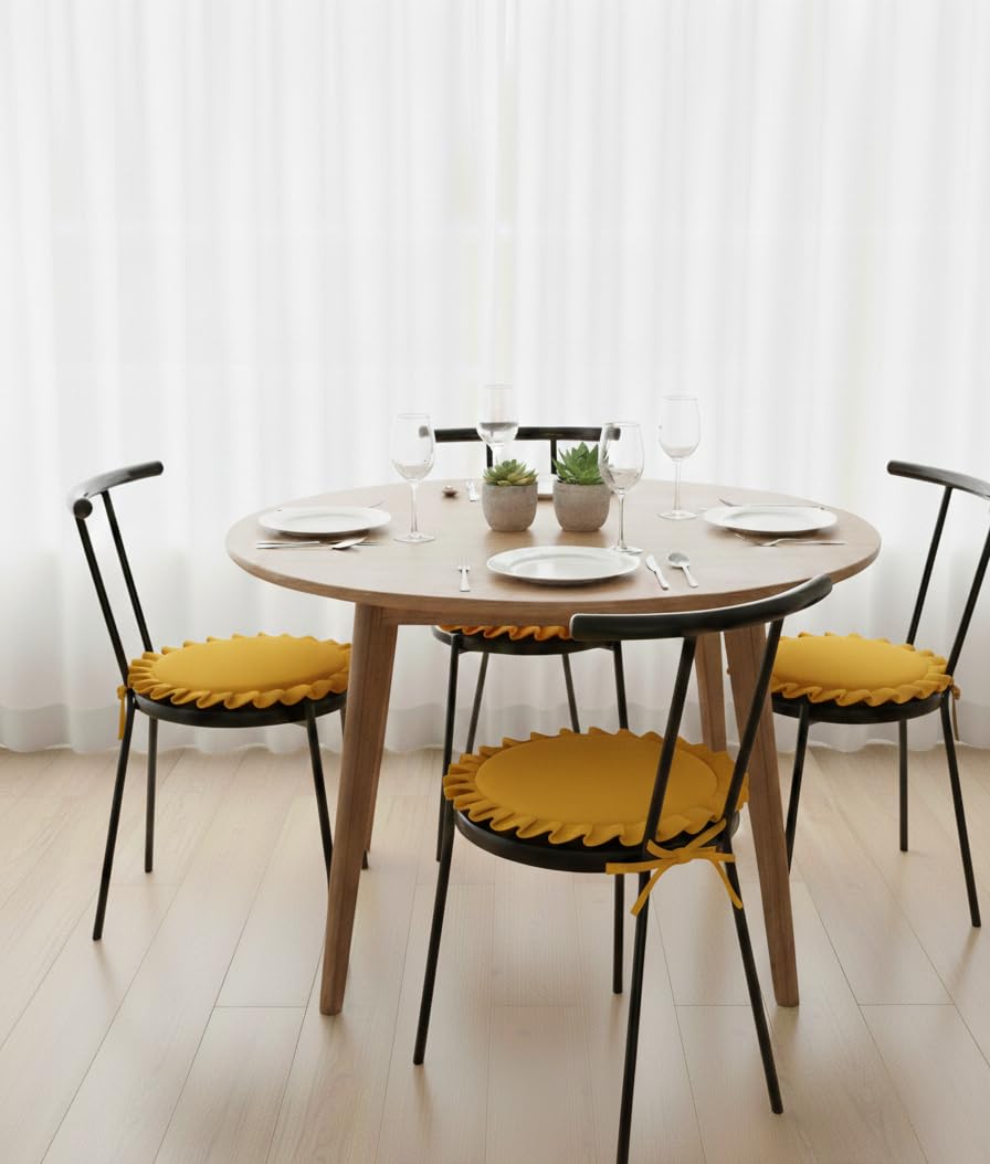 Cuscino Rotondo Per Sedie Interno Esterno Con Volant Conf. 4 Pz. Sfoderabili Con Laccetti Di Bloccaggio Eleganti Comodi D. 36 cm. (Giallo)