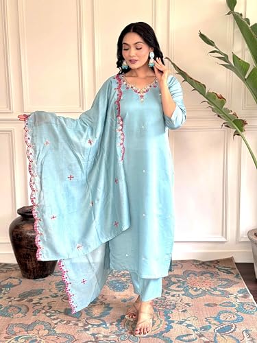 Image of Shiv Textiles Women's Viscose Rayon Embroidered Kurta Pant Dupatta Set