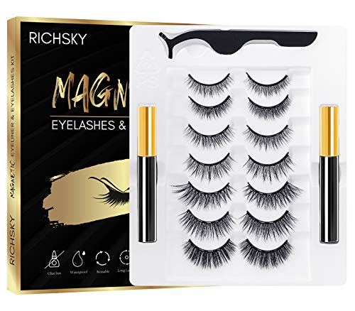 Richsky Magnetic Eyelashes with Eyeliner Kit,3D Natural Look Magnetic False Lashes with Eyeliner Long Lasting - 7 Pairs Reusable Short and Long Fake Eyelash with Tweezers - No Glue Needed