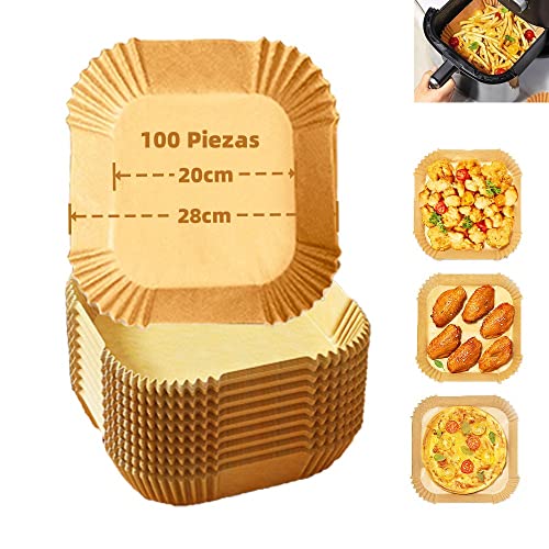 Papel para Freidora de Aire, 100 Piezas 20cm Papel Horno Cuadrado para 5-6L Freidora de Aire, Papel de Pergamino Antiadherente para Freír, Hornear, Cocinar, Asar y a Prueba de Aceite