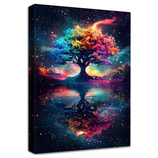 Cadre en Bois Impression sur Toile Arbre de Vie Bleu Rouge Tableau Image sur Toile Arbre Nuit étoilée Paysage De Rêve Tableau Decoration Murale Salon Chambre Coucher Salle de Bains Couloir 30x40cm