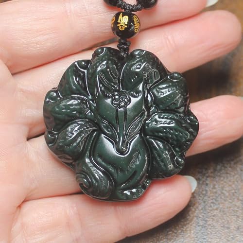 Crystal Natural Gold Silver Rainbow Obsidian Nine Tail Fox Necklace Amulet Pendant Bead with Adjustable Chain for Women Men3