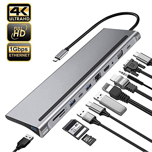 Image of Tobo USB C Hub,11 in 1 Type C to 4K HDMI Multiport Adapter Hub with RJ45 Ethernet Port, 87W Power Delivery, VGA, 3 USB 3.0, SD /TF Card Reader, 3.5mm Audio, Type C Multifunction 11in1 Hub TD-282TC