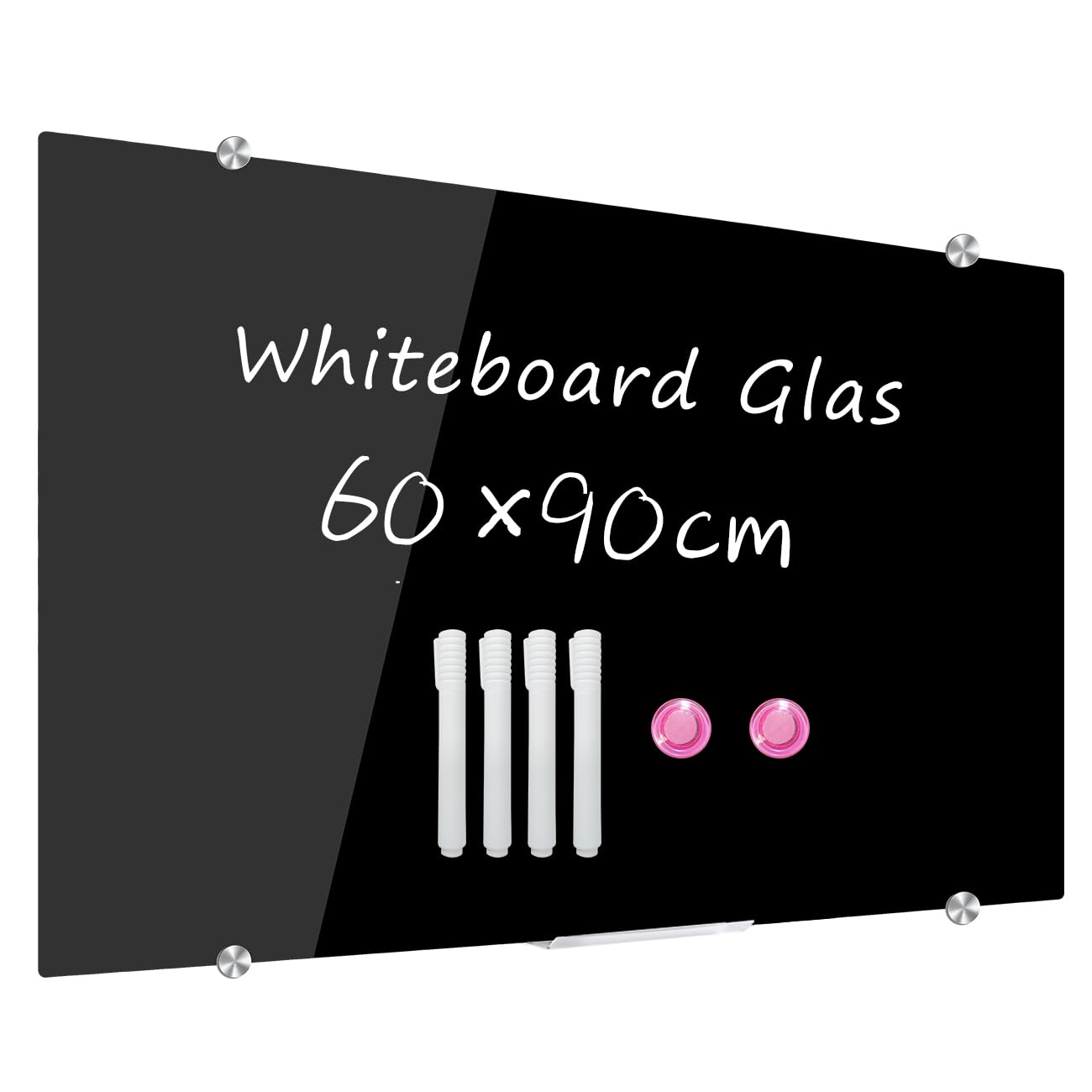 DEVELOP Schwarzes Glas-Whiteboard | 60x90 cm | Rahmenlose, gehärtete Glasoberfläche in Matt-Schwarz | Inkl. 4 weiße Boardmarker, Mikrofasertuch, 2 Starkmagnete & Montageset