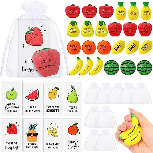 Outus 24 Sets Fruit Stress Balls with Motivational Quotes Cards Fruit Stress Balls Toys with Inspirational Cards, Anxiety Relief Toy Organza Bags for Employee Teacher Gifts