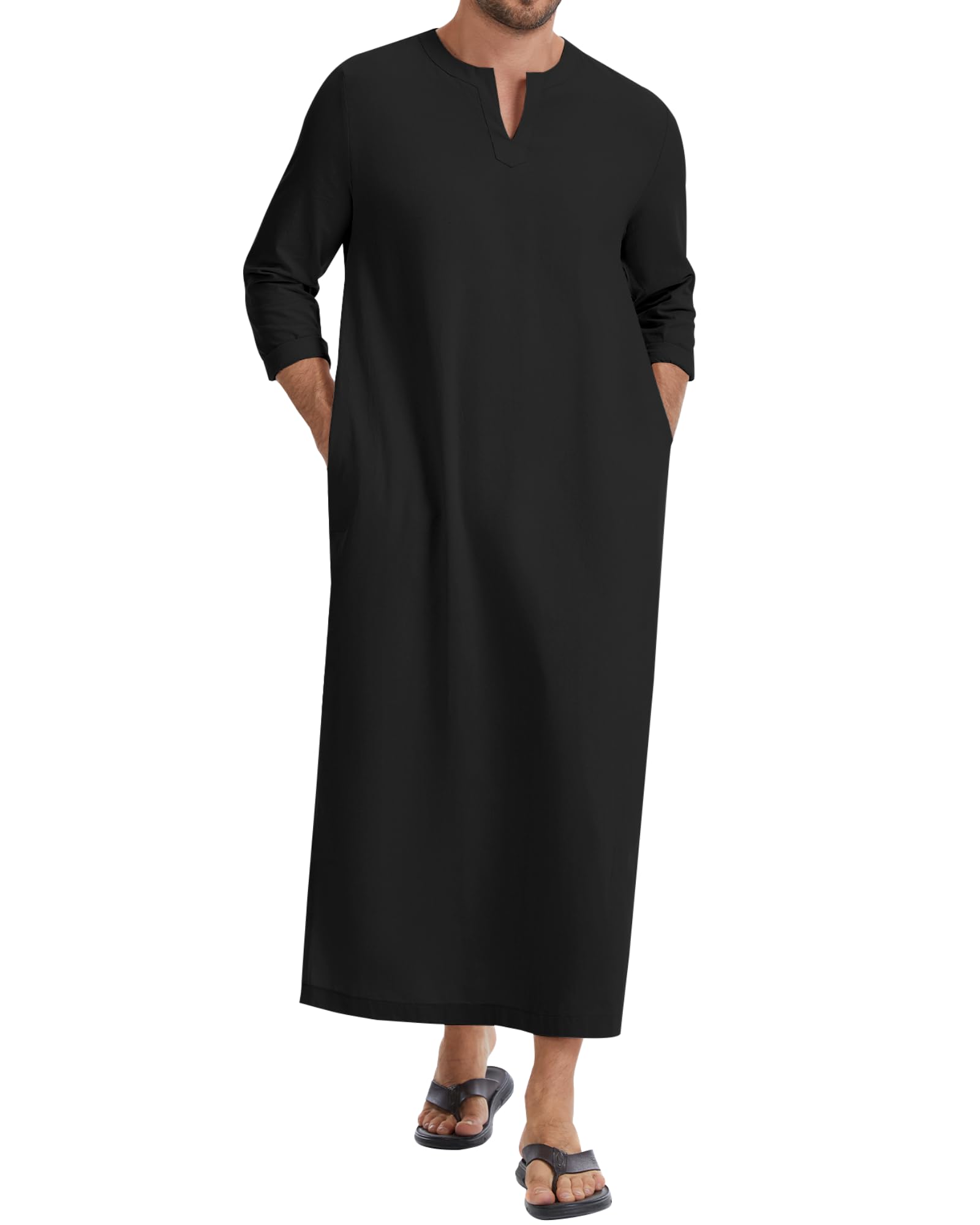 LVCBL Caftán de manga larga para hombre con bolsillos, ajuste universal, M-3XL