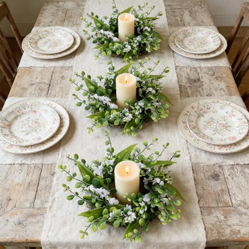 Image of 6 Pcs Green Boxwood Candle Rings Wreaths Mini Spring Summer Forsythia Wreath for Front Door Artificial Rings Wreaths with White Flowers for Pillar Porch Wall Window Farmhouse All Seasons Decor