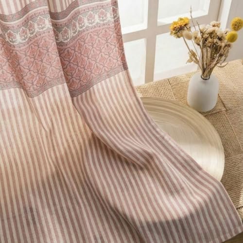 Image of Peepul Tree Pure Cotton Curtain Set of 2 Handwoven and 1 Printed Curtain | Dusty Pink and Off-White | 7 Feet | Set of 3 | Royal Courtyards Collection
