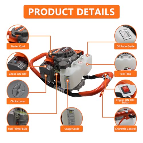 72CC Auger Post Hole Digger, 2 Stroke Gas Powered Earth Post Hole Digger with 2 Auger Drill Bits(6" & 8") + 1 Extension Rods for Farm Garden Plant, Orange (72CC)