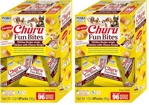 INABA Churu Fun Bites- Deliciosa Comida con Relleno Húmedo para Perros con Pollo, Queso y Atún - Rica en Proteína Perros, 96 Gramos (12g x 8) (Paquete de 2)