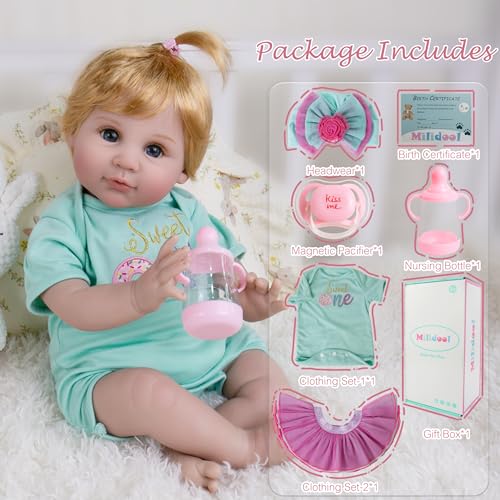 Image of Milidool Lifelike Reborn Baby Dolls, 22 inch Weighted Cute Soft Body Realistic Newborn Baby Doll Real Life Baby Dolls Girl Gift with Feeding Toy Accessories Set for 3+ Years Old Kids, Grandma