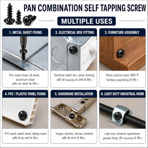 Image of By inchVP INDUSTRIES inch (Pcs-50) No.8x13 mm Pan Head Combination Phillips-Slotted Self-Tapping Screw - Black Zinc, High-Tensile for Wood, Metal, Furniture & DIY Applications