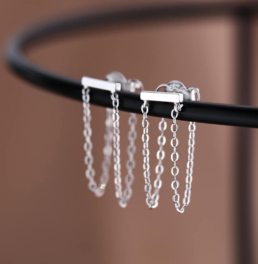 Reffeer Solid 925 Sterling Silver Bar Tassel Chain Drop Earrings for Women Teens Bar Drop Earrings Minimalist Studs - Image 3