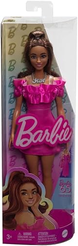 Miniatura 6 de Barbie Fashionistas - Muñeca #217 con cabello ondulado marrón medio hacia arriba y vestido rosa, muñeca coleccionable de moda 65 aniversario