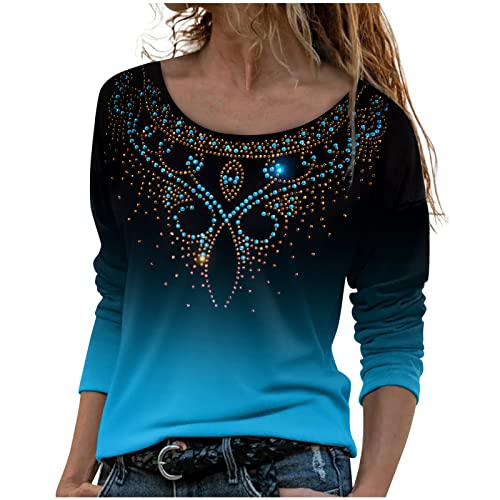 Crewneck Shirts for Women Summer Fall Gradient Floral Graphic Loose Fit Long Tops Blouses Shirts Women 2024 Trendy