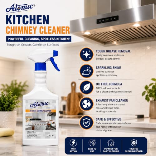 Image of ATOMIC Chimney Cleaning Liquid Spray 250 ml | Removes 100% germs | Cleans Stove | Grill Cleaner | Removes Heavy Grease, Oil and Stain remover for Grill, Gas Stove, Exhaust Fan, Chimney, Griddles