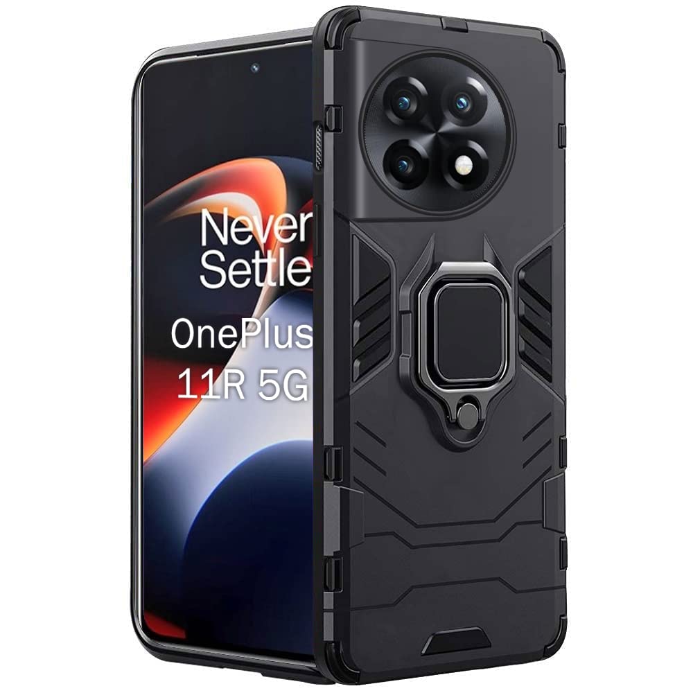 TheGiftKart Tough Armor Bumper Back Cover Case for OnePlus 11R 5G | Ring Holder & Kickstand in-Built | 360 Degree Protection Back Case Cover for OnePlus 11R 5G (PC & TPU, Black)
