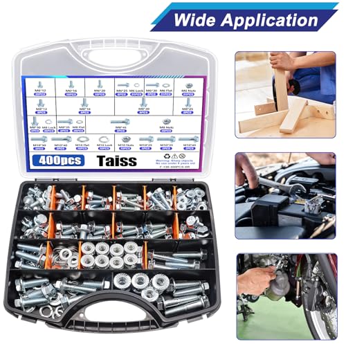 Image of Taiss 400PCS Metric Flange Bolt Assortment Kit,10.9 Grade M6x1.0 /M8x1.25 /M10x1.5 Bolts(12mm to 45mm) Assorted White Zinc Galvanized Hex Metric Nuts and Bolts Washers Set for Automotive