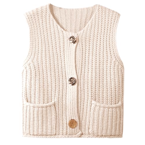 Hixiaohe Womens Crochet Chunky Knit Top Sleeveless Button Down Crop Tops Trendy Cardigan Sweater Vest for Women with Pockets