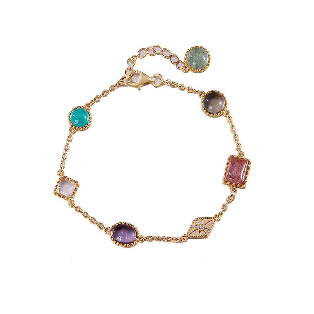 Girls Accessories Bracciale in Argento Sterling 925 Vintage per Donna Semplice Cristallo di Fragola Dorata Pietra Tianhe Pietra Geometrica Colorata Fascino di Gioielli Classici Spiaggia Estiva