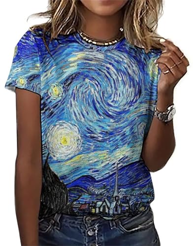 Joo Meryer Women's Art Oil Painting Starry Night Short Sleeve Loose Fit T-shi...