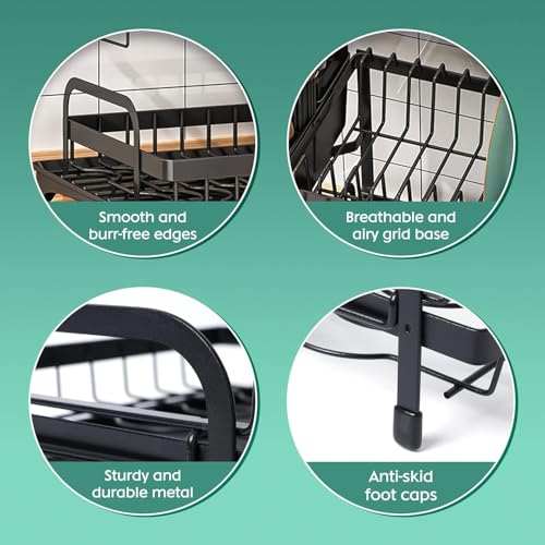 Image of Dish Drying Rack, 2 Tier Space-Saving Dish Rack, Multifunctional Dish Drainer for Kitchen Counter with Drainboard /Utensil /Cup Holder Rustproof Carbon Steel, Black