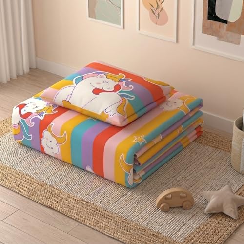 Image of Filymore Multicolor Star Unicorn Kids Fitted Diwan Set 8 Pieces - Microfiber Diwan Bedsheet Set with 5 Cushion Covers & 2 Bolster Covers | Soft Rainbow Unicorn Print Diwan Cover Set for Kids Room