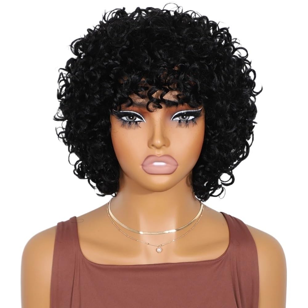 Xiuling4568 Women's Black Pixie Cut Short Curly Human Hair Wigs With Bangs For 10 Inch Glueless Wig 180 Density Hairs Extensions(Black)