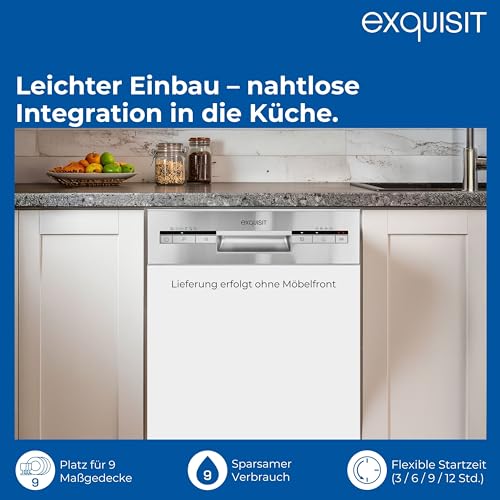 Exquisit START Einbaugeschirrspüler 45 cm, Teilintegriert, 9 Maßgedecke, 9 Liter, Startzeitvorwahl, ECO-Modus, EGSP51009-EB-030E inox