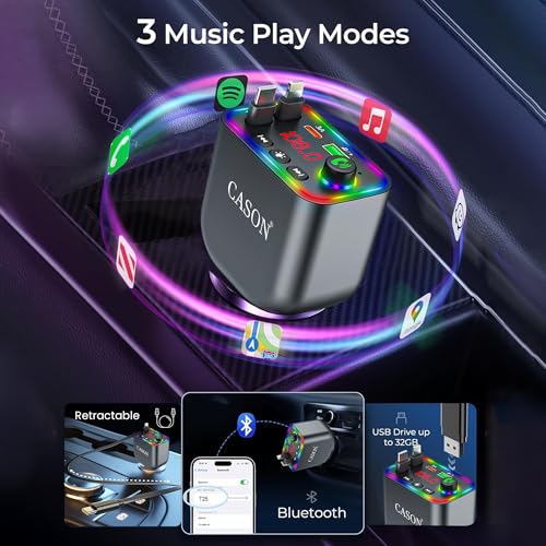 Image of Cason Car Charger 120W Type-C Fast Charging with Bluetooth FM Transmitter- 4-in-1 Retractable Car Mobile Charger Cable with 2 USB Port, with LED Display for iPhone, Android Smartphone (Retractable)