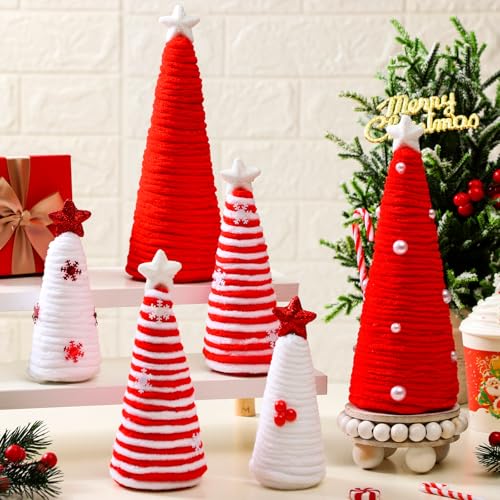 Daifunli 6 Pcs Christmas Table Decorations Mini Christmas Trees Yarn Trees Red and White Farmhouse Decor Tabletop Xmas Ornaments for Home Table Indoor Kitchen Room Holiday Tiered Tray