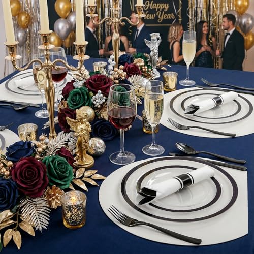 I00000 210 Pcs Clear and Black Plastic Plates, Halloween Disposable Dinnerware Set, Include 30 Dinner 30 Dessert Plates,30 Plastic Cups 9 OZ,30 Pre Rolled Napkins with Cutlery for New Year – Image 2
