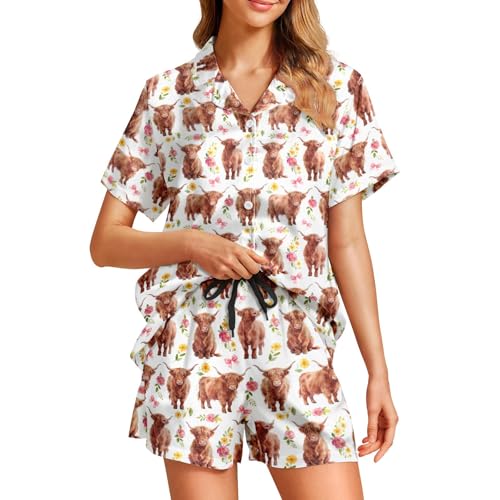 Image of Funny Pajamas for Women Set Print Satin Loungewear Pjs Short Sleeve Button Down Top and Shorts Sets Sleepwear XS-3XL
