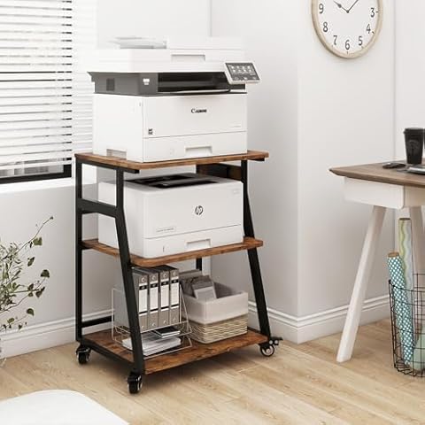 Natwind 23.6"x19.7" Large Printer Stand,3 Tier Printer Table with Charging Station, Rolling Cart with Adjustable Storage Shelf for Home Office Organization, Stand for Heat Press,3D Printer (Retro) Cover