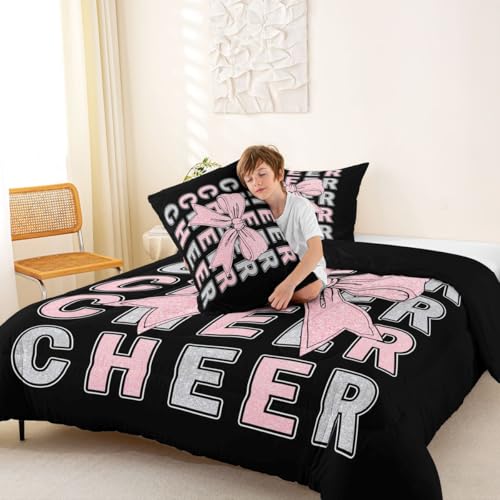 Image of Feelyou Cheer Comforter Set Full Size Pink Bowknot Bedding Set for Kids Boys Girls Sport Cheerleader Duvet Quilt Cheerleading Bedroom Decor Microfiber 3 Pcs with 2 Pillow Cases