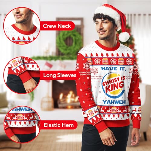 Image of 99TIMORO Burger Christ Ugly Christmas Sweater for Men and Women, Holiday Pullover Novelty Crewneck Sweatshirt, Festive Outfit Gift