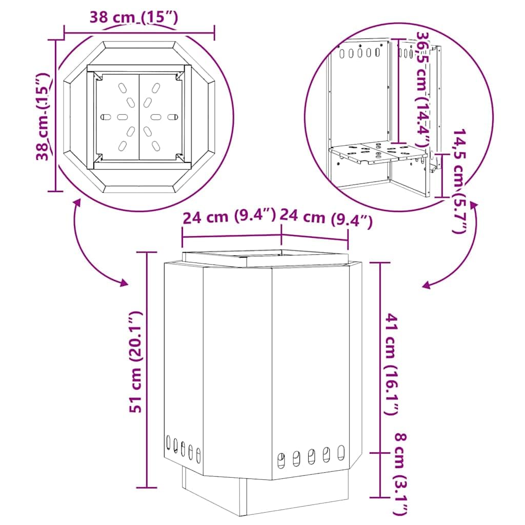Brasero marrón de acero resistente a la intemperie, 38 x 38 x 51 cm, para jardín, terraza, exterior, eficiente distribución del calor, llama decorativa, hoguera duradera para noches acogedoras