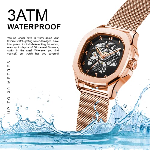 Kredo Men OTUS Malik Rose Gold Mechanical Automatic Skeleton Analogue Self-Winding Water Resistant Stainless Steel Wrist Watch-KW076 | Octagonal Dial Mesh Strap | Designed in... - Image 2