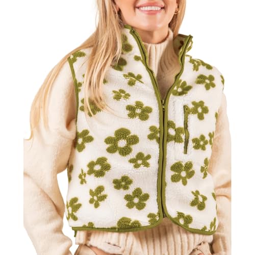 Womens Floral Print Fleece Vest Fall Winter Sherpa Sleeveless Jacket Lightweight Zip Up Cropped Gilet with Pocket2